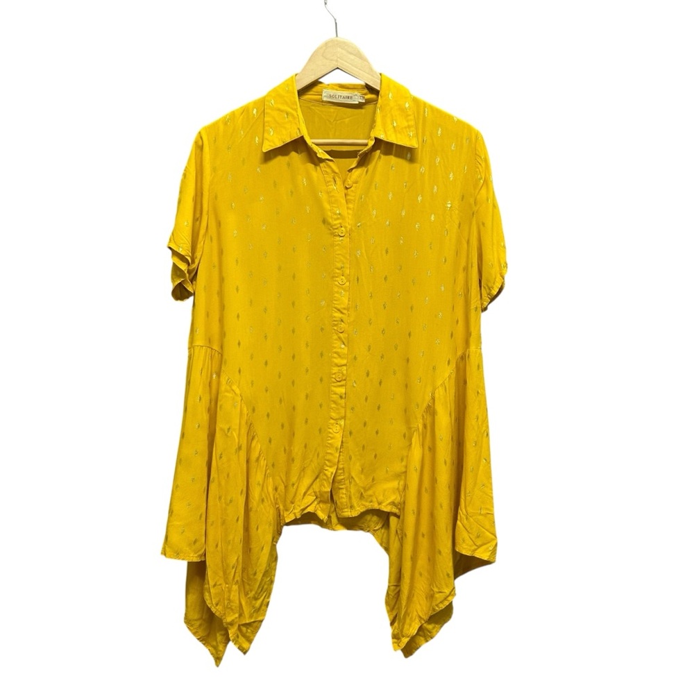 Solitaire Mustard Yellow Metallic Print Button Front Rayon Blouse - Size M